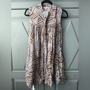 Olivaceous Brown and Blue Linen Patterned Mini Swing Dress